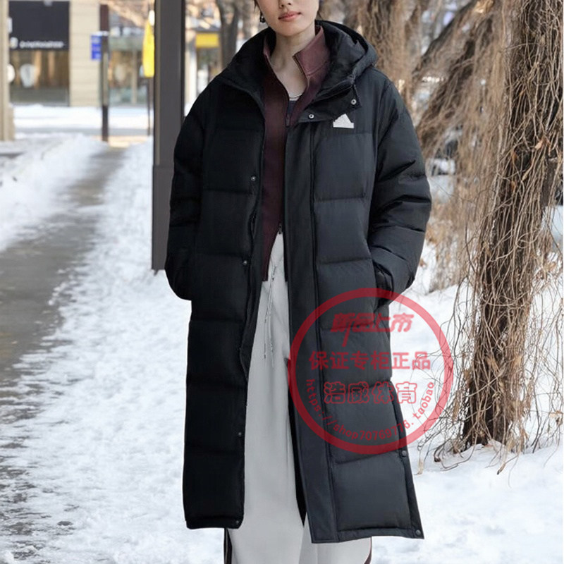 阿迪达斯男女长款保暖连帽羽绒服