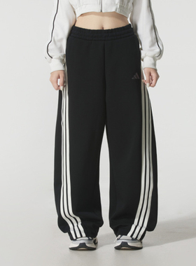 Adidas阿迪达斯女裤2025冬新款运动宽松阔腿香蕉裤针织长裤KB8998