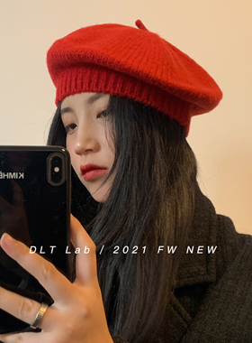 DLTLab丁老头新品羊毛针织贝雷帽女百搭保暖红色圣诞系列毛线帽潮