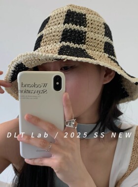 DLT Lab丁老头2025春夏新品韩国ins格子草编渔夫帽大檐显脸小盆帽