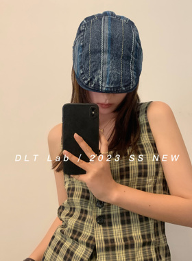 DLT Lab丁老头新品复古牛仔条纹报童帽女日系vintage前进帽男百搭