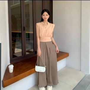 宽松阔腿裤 女夏韩系轻熟衬衫 两件套潮 t恤职业套装 港风复古v领无袖