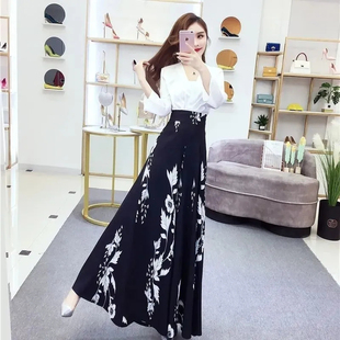 2026新款春夏裤子女洋气时尚韩版显瘦印花阔腿裤女高腰垂感长裙裤