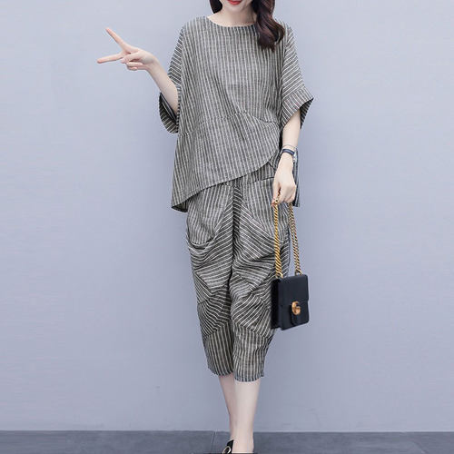 洋气上衣时尚复古休闲条纹棉套装