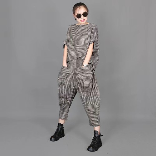 复古条纹休闲套装女大码