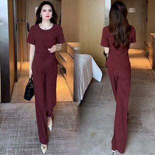 新款 高腰阔腿裤 时尚 女气质显瘦遮肉不规则短袖 两件套 套装 2026夏季