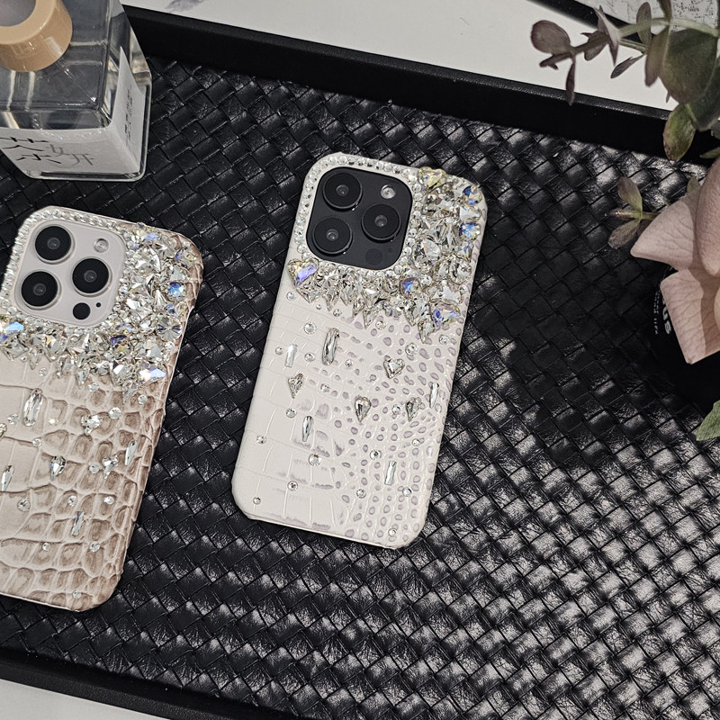 喜马拉雅鳄鱼纹高级适用苹果15promax水钻手机壳14pro保护套iphone12pro奢华水钻13贴钻女13promax皮套闪钻