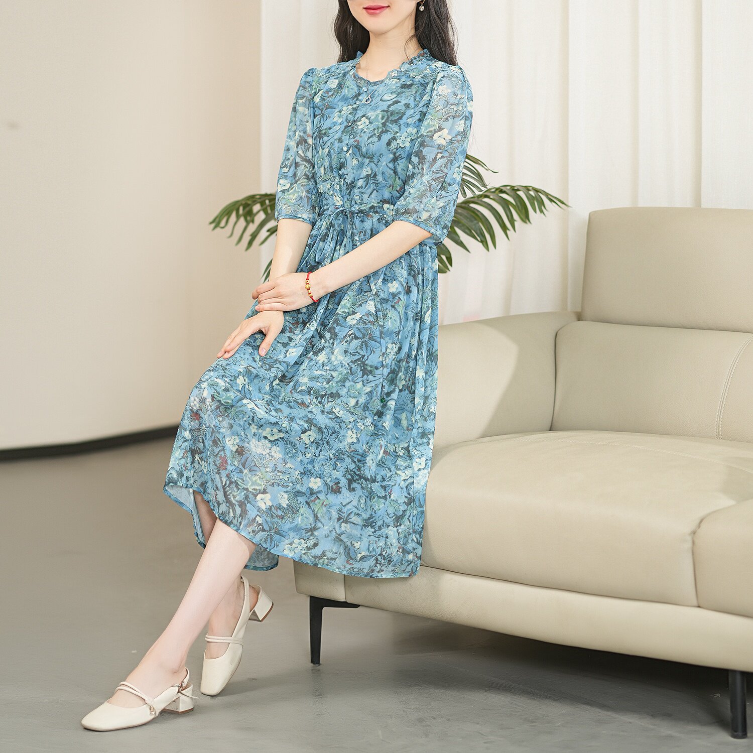 运费补贴（繁花）2025年蚕丝圆领扎染印花高腰显瘦时尚气质连衣裙