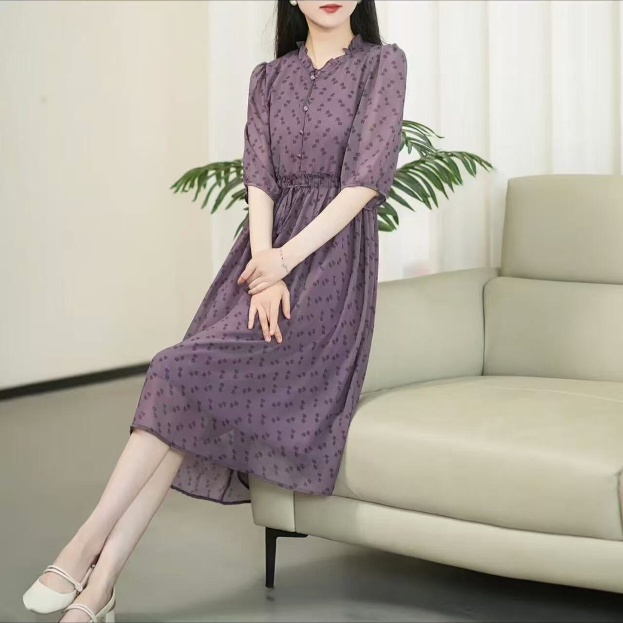 运费补贴（紫气东来）2025年蚕丝扎染印花高腰显高显瘦气质连衣裙