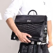 擦色鳄鱼皮男士 双肩背包手提包翻盖烟灰色旅行出差商务男包高档