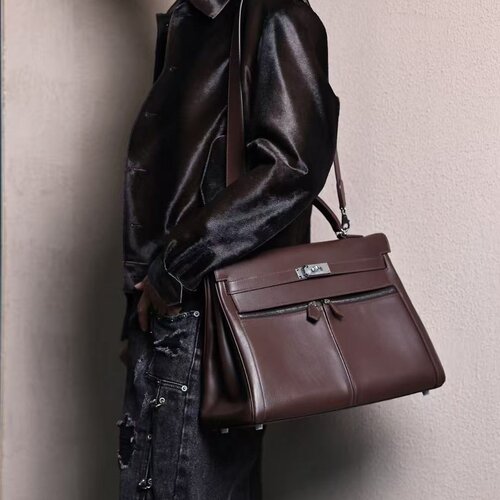 凯莉Lakis40乌木色Swift皮男士手提包休闲男包手工缝银扣大容量