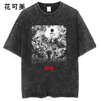 纯棉短袖刀锋传奇男士水洗T恤水洗T恤Anime Guts骷髅骑士图案