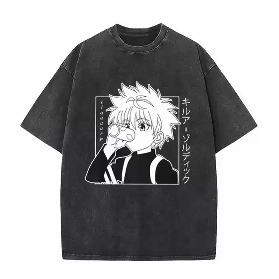 Harajuku Hip-Hop Street Style Pure Cotton T-Shirt Washed Vintage Japanese Anime Full-Time Hunter Hunter Trendy
