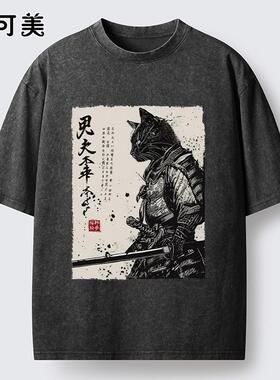 花可美复古风动漫印花短袖T恤男女宽松纯棉做旧潮牌上衣