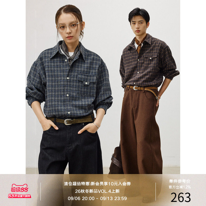 LR MADE T形袋盖 重磅羊毛 复古氛围感格纹磨毛长袖格子衬衫