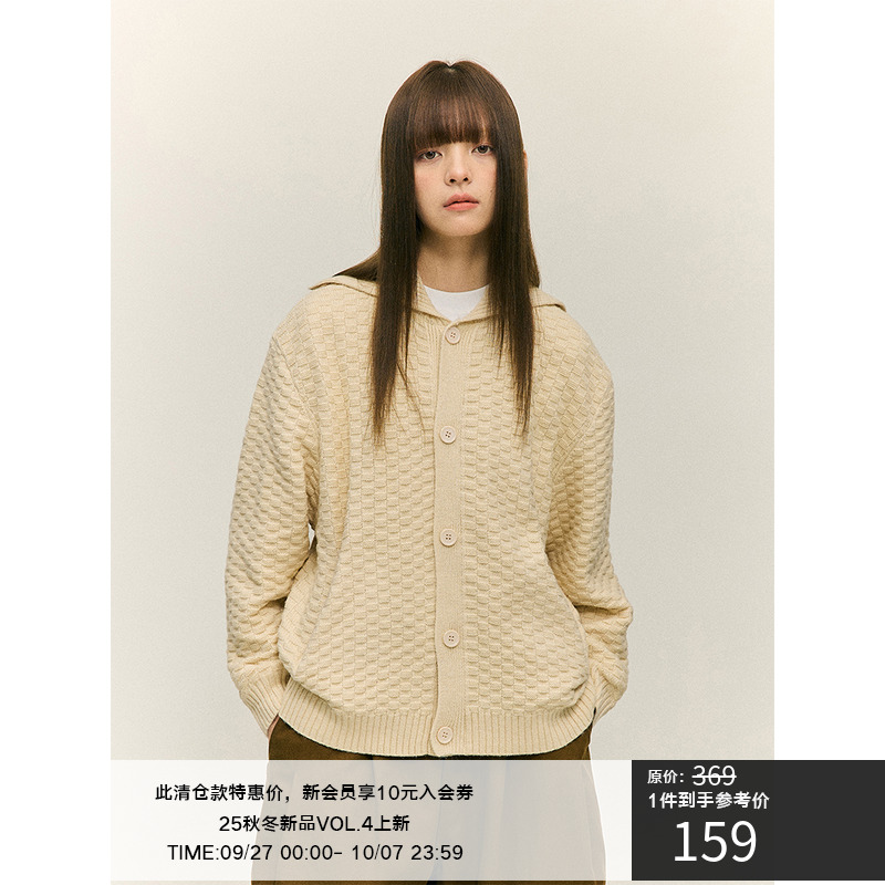 LR MADE 24AW 立体格纹提花 大翻领高领 慵懒保暖开衫毛衣针织衫