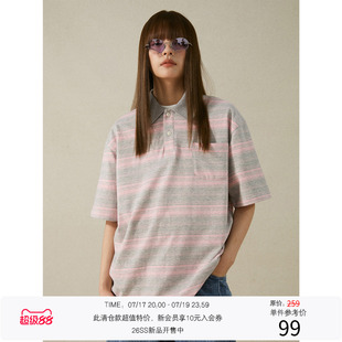 LR MADE 古着感不规则双色条纹 复古口袋翻领短袖休闲polo衫