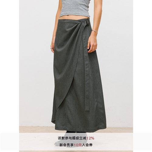 LR MADE 26SS 打褶活片 可调节飘带 仿麻感TR半身微A字中长款裙子