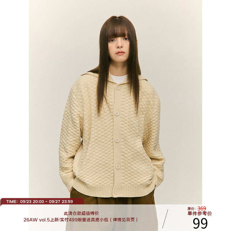 LR MADE 立体格纹提花 大翻领高领 慵懒保暖开衫毛衣针织衫