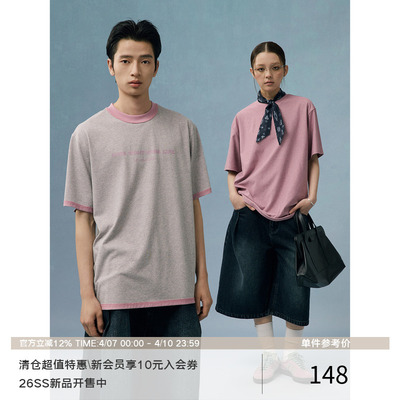 LR MADE 一衣两穿 粉灰撞色 百搭双面穿印花宽松短袖T恤