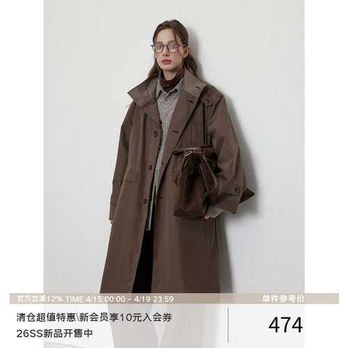 LR MADE 复古立领撞色格纹 慵懒廓形 中长款A字型风衣外套