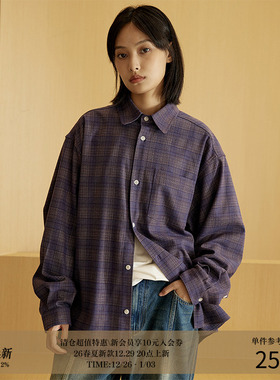 LR MADE 23AW 弧形口袋 日系复古抗皱宽松方领绒感长袖格子衬衫