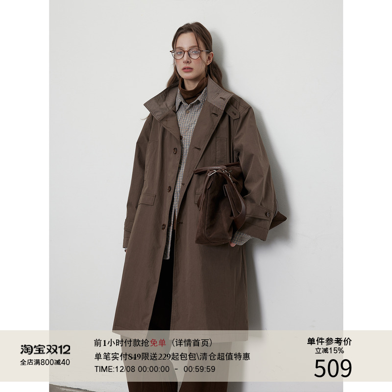 LR MADE 25AW 复古立领撞色格纹 慵懒廓形 中长款A字型风衣外套