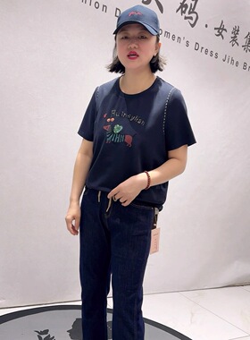 芮娜依莲5708夏季新款欧货圆领短袖T恤加大码女装胖妹妹减龄上衣