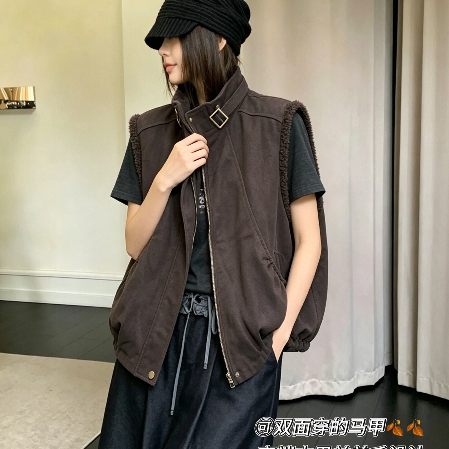 妃儿红7308秋冬新款欧货减龄双面穿马夹加大码女装胖妹妹显瘦外套