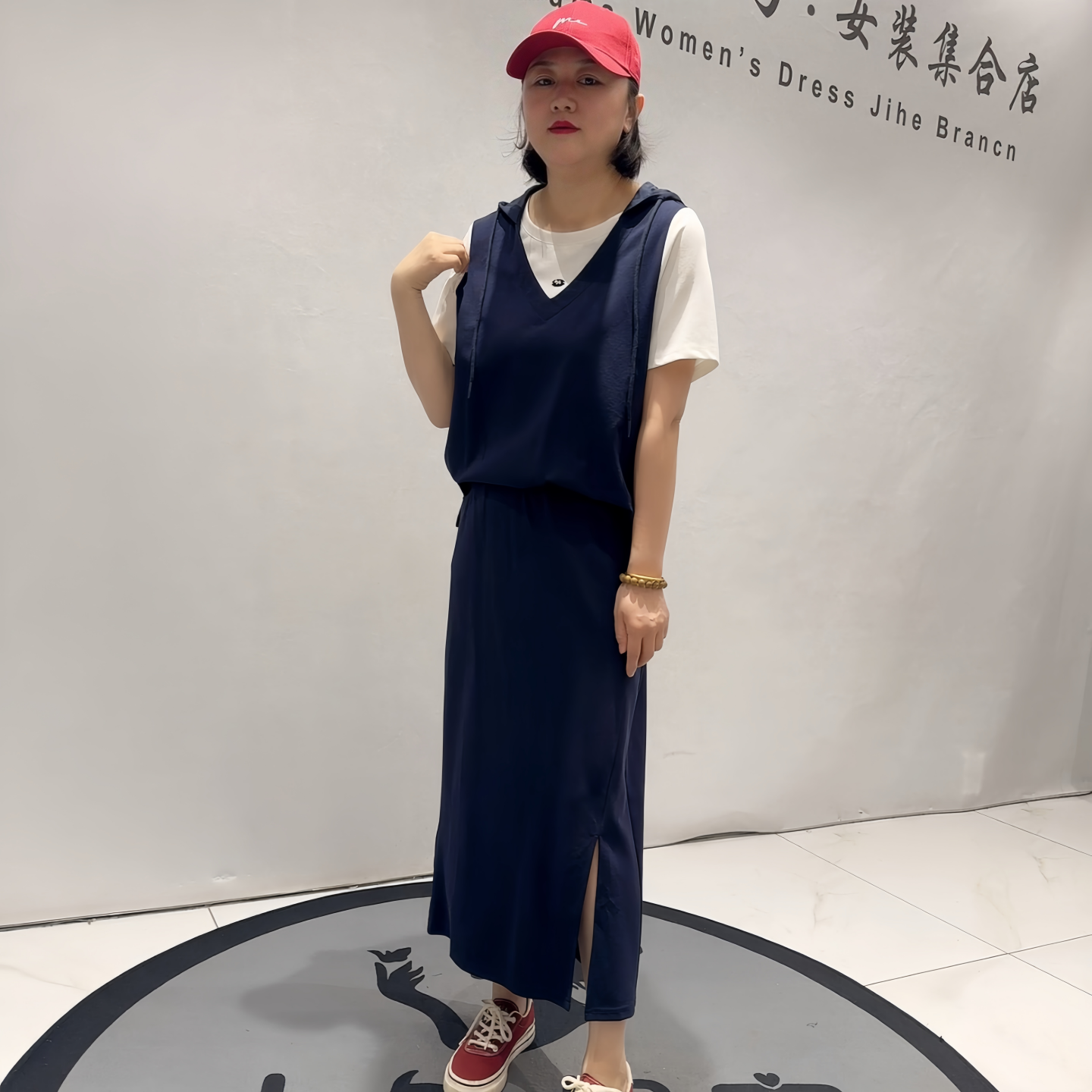 芮娜依莲1718夏季新款欧货假两件短袖搭配休闲半身裙两件套套裙女