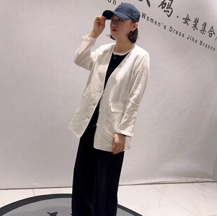 女装 欧货一手长亚麻西服外套加大码 新款 芮娜依莲蓝鲸之吻3128春季