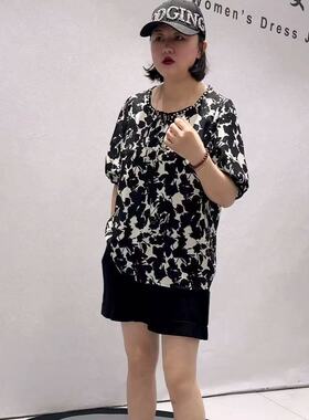 芮娜依莲蓝鲸之吻3211夏季新款欧货五分袖衫加大码女装胖妹妹上衣