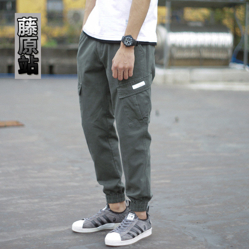 藤原站多口袋工装裤余文乐百搭束脚休闲裤男扎脚裤长裤九分裤潮牌