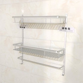 太空铝免打孔长方双层单层卫浴隔板置物架 亚银色卫生间化妆品架
