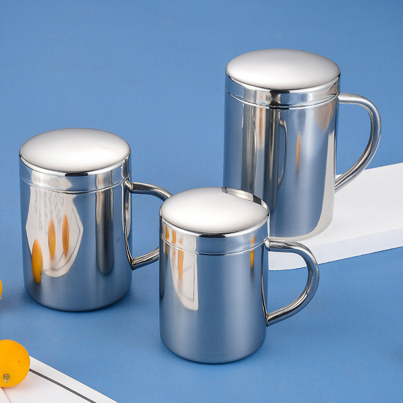 304不锈钢水杯双层带盖茶缸子带手柄杯家用喝水杯幼儿园儿童口杯