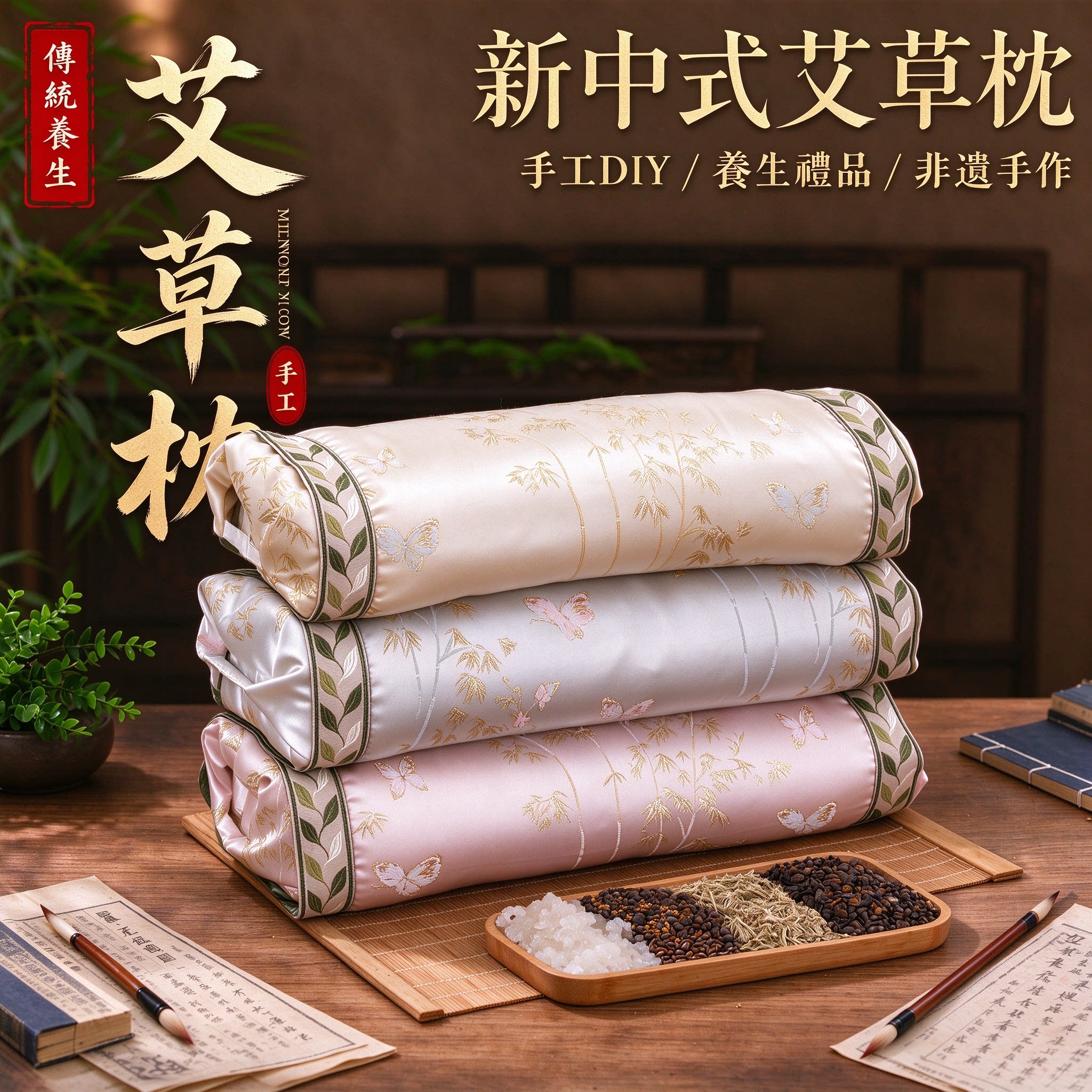 新中式可拆卸手工diy艾草枕绸缎荞麦三角枕头护颈椎助睡眠组合枕