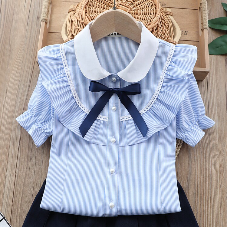 女童条纹衬衫短袖儿童纯棉条纹衬衣童装女孩全棉白色演出服中大童