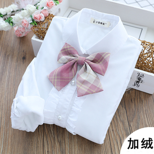 女童加绒白衬衫长袖纯棉中大童衬衣女孩全棉白色演出服中大童加厚