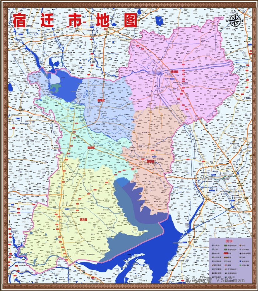 2019年江苏宿迁市百度版宿城宿豫区沭阳泗洪泗阳县地图130x115cm