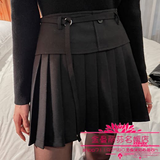 韩国官网正品代购2026年早春新款时尚腰带修身显瘦A字百褶半身裙