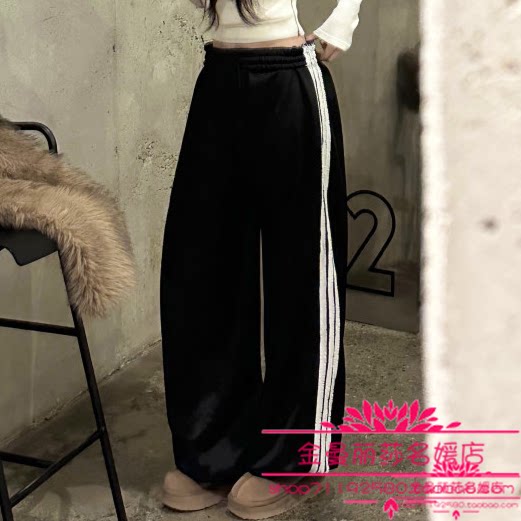 韩国官网正品代购2026年早春新款时尚金丝绒侧边白杠松紧腰休闲裤