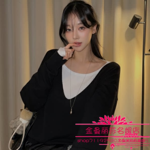 韩国官网正品代购2026年早春款气质优雅时尚大V领宽松百搭针织衫