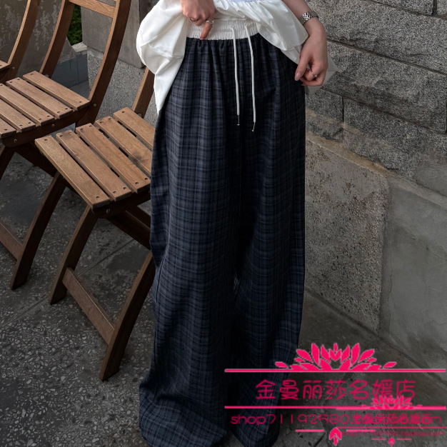 韩国官网正品代购2026年夏款气质大长腿时尚格纹松紧腰百搭休闲裤