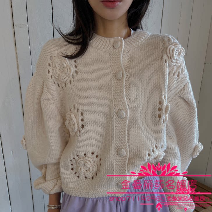 韩国官网正品代购2026年早春款时尚镂空立体花朵单排扣针织短外套