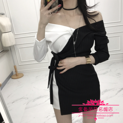 韩国代购正品18早秋新款名媛气质女郎时尚黑白拼色系带收腰连衣裙