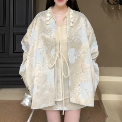 新中式金丝提花宽松外套高腰短裙