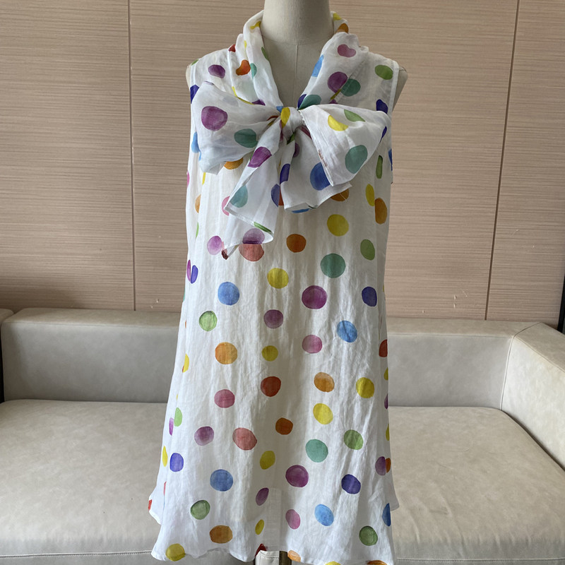 今年流行的设计感时髦宽松漂亮裙子波点宽松无袖苎麻连衣裙