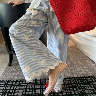 裤子女款夏宽松bf慵懒风2025年新款设计感阔腿裤刺绣条纹