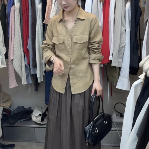 AT fashion2026秋季韩系poloV领系带收腰高级感天丝亚麻长袖衬衫
