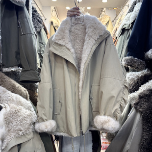 欧货立领软糯环保兔绒加厚保暖派克服外套女2025冬可双面穿棉衣潮